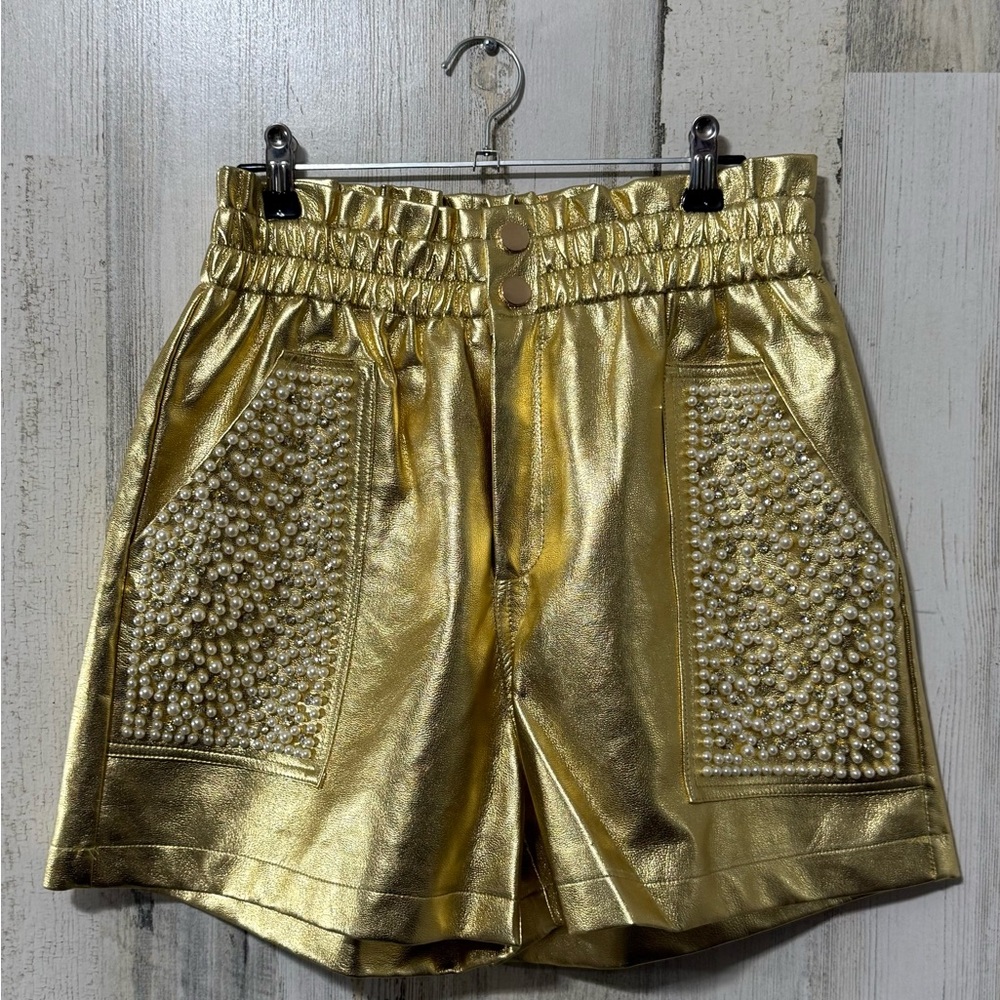 Gold Rhinestones Bedazzled High Waist Women's Shorts - Picture 2 of 10